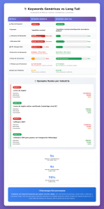 Comparación entre palabras clave genéricas y long tail en SEO